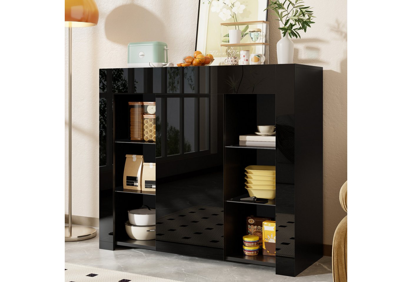 OKWISH Sideboard Buffet mit Hochglanz-Front (Esszimmerschrank, Anrichte, 1 St., Spanplatte), mit Glasregalen und Schranktür von OKWISH
