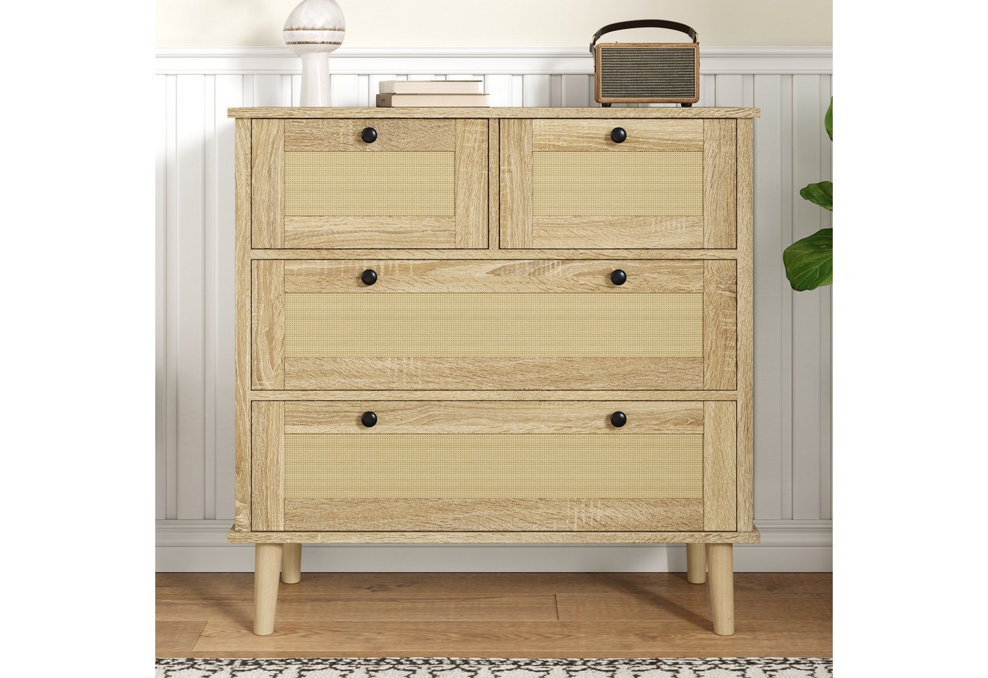 OKWISH Sideboard Einfache Montage (Kommode, Anrichte, Buffetschrank, 1 St., vier Rattanschubladen, 80 x 40 x 80 cm), 4 Beine aus Massivholz von OKWISH