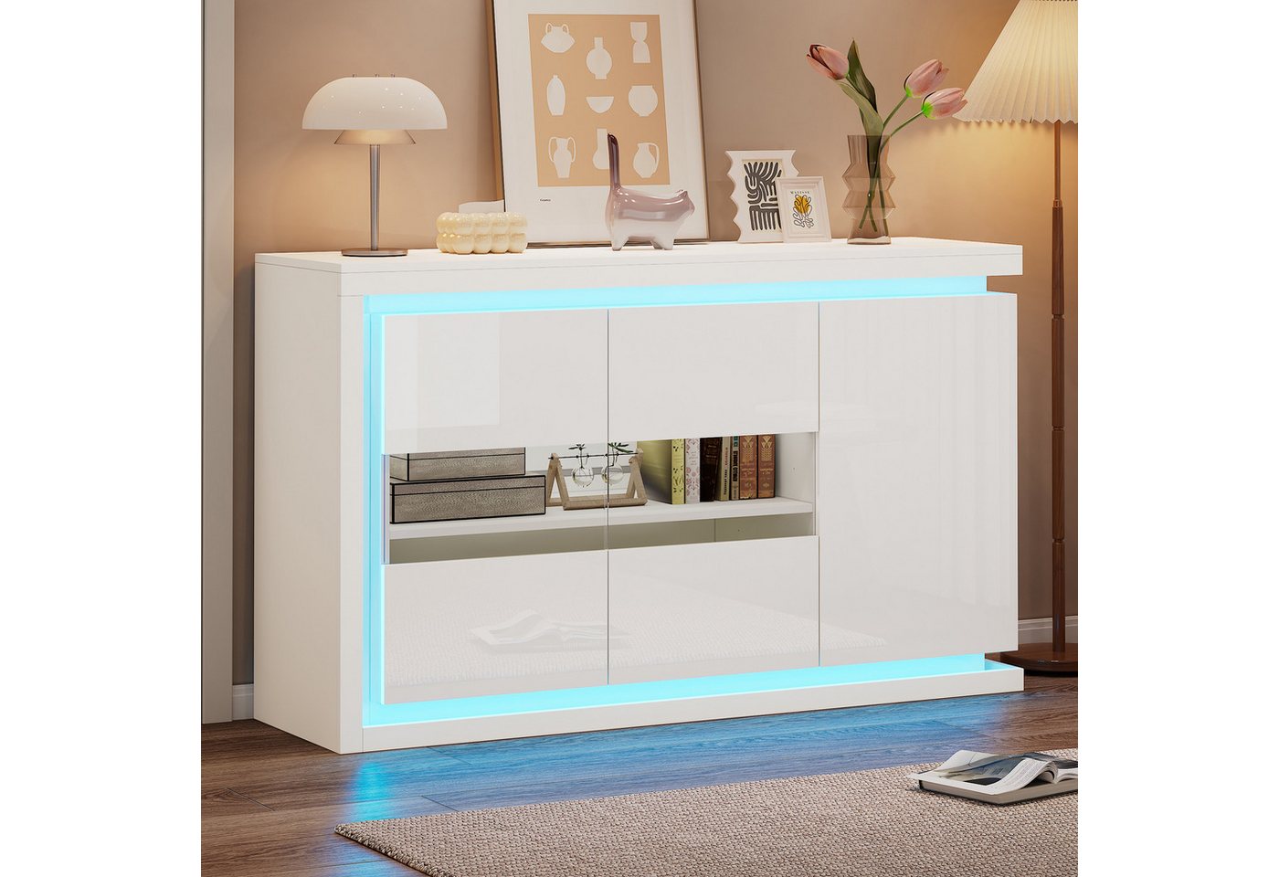 OKWISH Sideboard Hochglanz, Breite 140 cm, mit LED-Lichtleiste (Beistellschrank, Wohnzimmerschrank, 1 St., 4 Fächern), Türen aus gehärtetem Glas von OKWISH