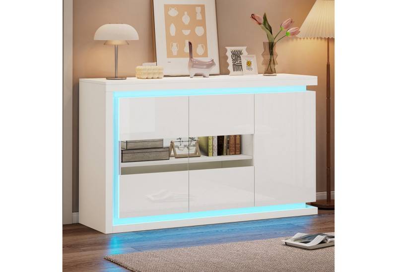 OKWISH Sideboard Hochglanz, Breite 140 cm, mit LED-Lichtleiste (Beistellschrank, Wohnzimmerschrank, 1 St., 4 Fächern), Türen aus gehärtetem Glas von OKWISH