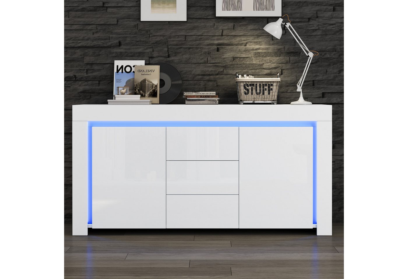 OKWISH Sideboard Hochglanz Beistellschrank mit LED-Lichtleiste (Kommode, Anrichte, Wohnzimmerschrank, 1 St., mit 3 Schubladen,2 Türen), 140*40*65cm von OKWISH