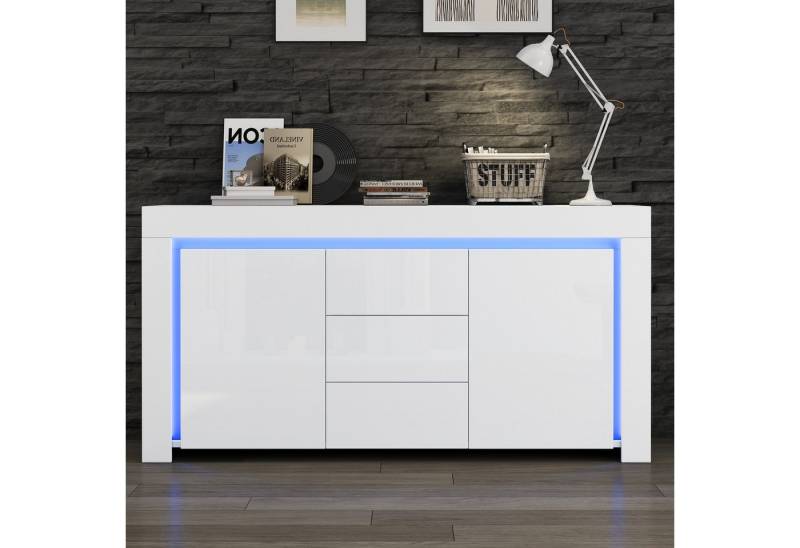 OKWISH Sideboard Hochglanz Beistellschrank mit LED-Lichtleiste (Kommode, Anrichte, Wohnzimmerschrank, 1 St., mit 3 Schubladen,2 Türen), 140*40*65cm von OKWISH