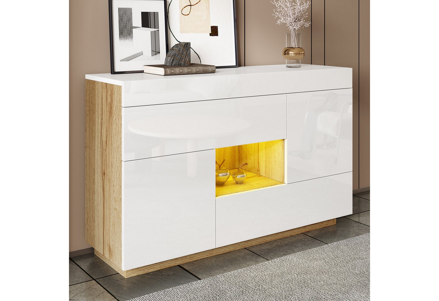 OKWISH Sideboard Hochglanz Vitrine, Soft-Touch-Scharniere (Beistellschrank, Aktenschrank, 1 St., zwei Schubladen, zwei Türen und ein offenes Fach), mit farbwechselnder LED-Beleuchtung von OKWISH