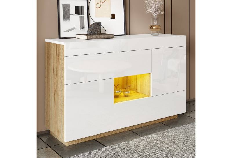 OKWISH Sideboard Hochglanz Vitrine, Soft-Touch-Scharniere (Beistellschrank, Aktenschrank, 1 St., zwei Schubladen, zwei Türen und ein offenes Fach), mit farbwechselnder LED-Beleuchtung von OKWISH