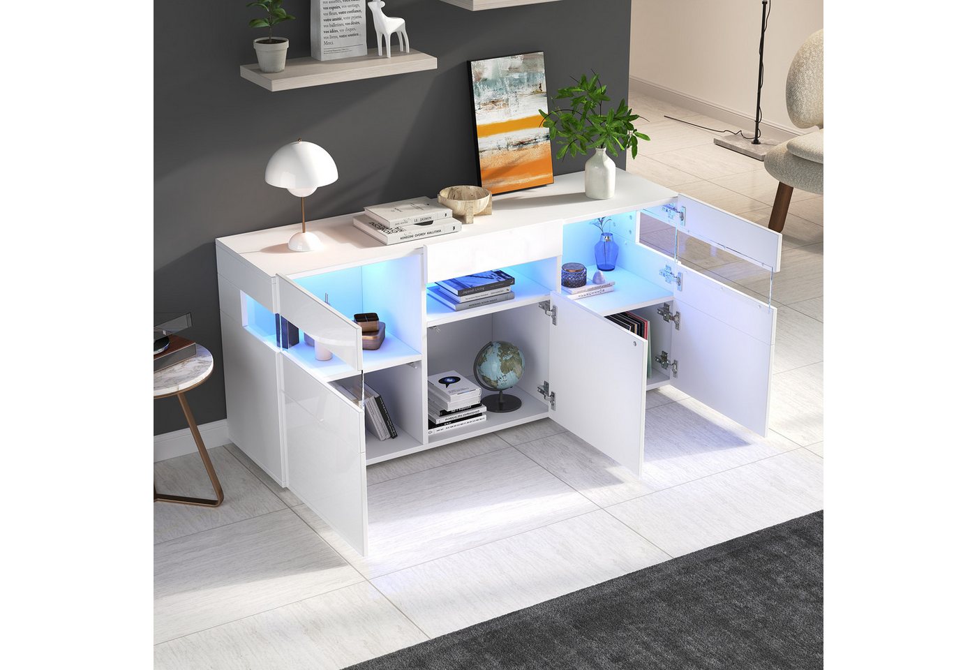 OKWISH Sideboard Hochglanz-Wohnzimmerschrank (Packung, 1 St., Kommode, Schrank mit 3 Türen, 7 Ablagefächern), mit LED-Lichtleiste,Transparentes Acrylgehäuse von OKWISH