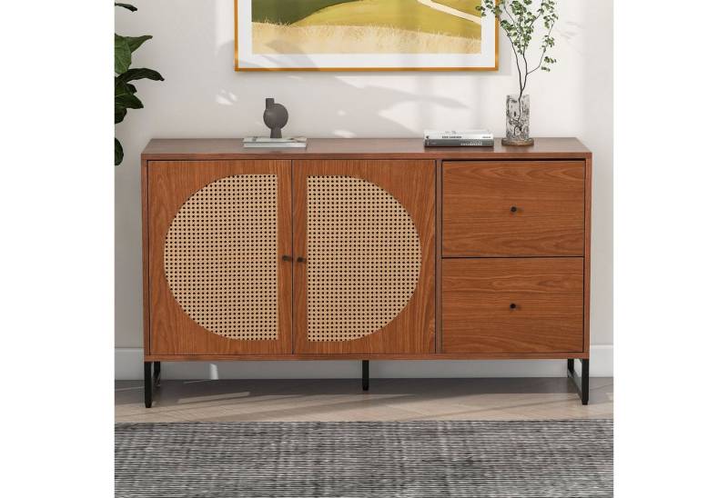 OKWISH Sideboard Kommode Schrank (mit 2 Rattan verzierten Türen und 2 Schubladen Kommode Küchenschrank), Highboard mit Metallgriffe von OKWISH