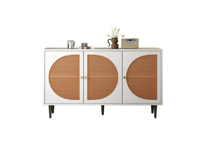 OKWISH Sideboard Kommode Schrank (mit 3 Rattan verzierten Türen Kommode Highboard mit Metallgriffe), Nussbaum 129.8x 40x 76cm von OKWISH