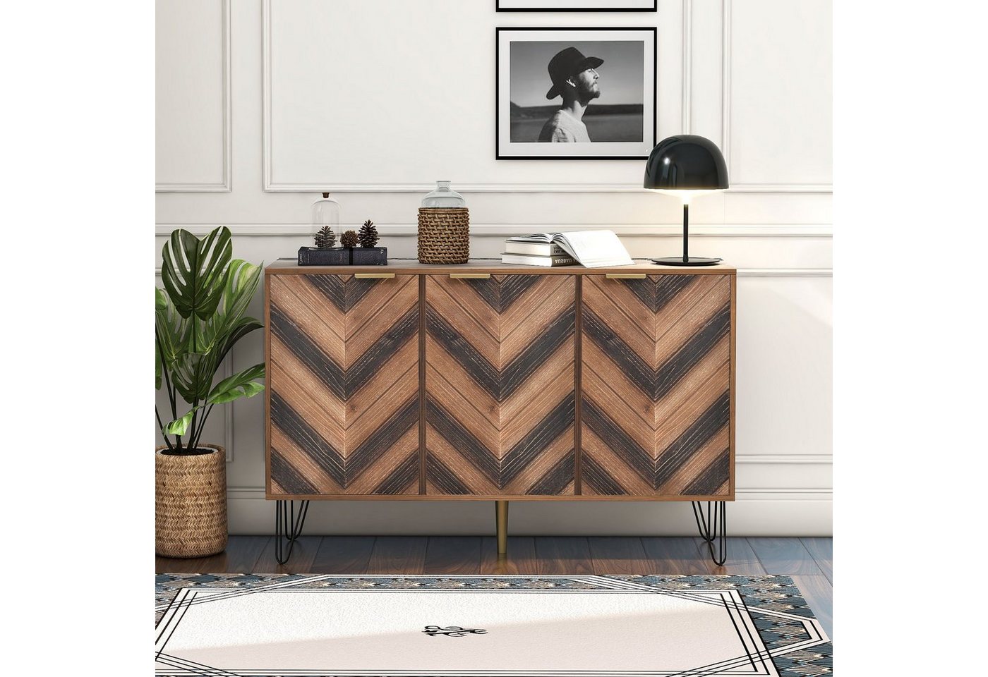 OKWISH Sideboard Kommode mit 3 Türen und goldenen Metallgriffe (Sideboard), mit Fischgrätenmuster Dekor und Eisenfüße von OKWISH