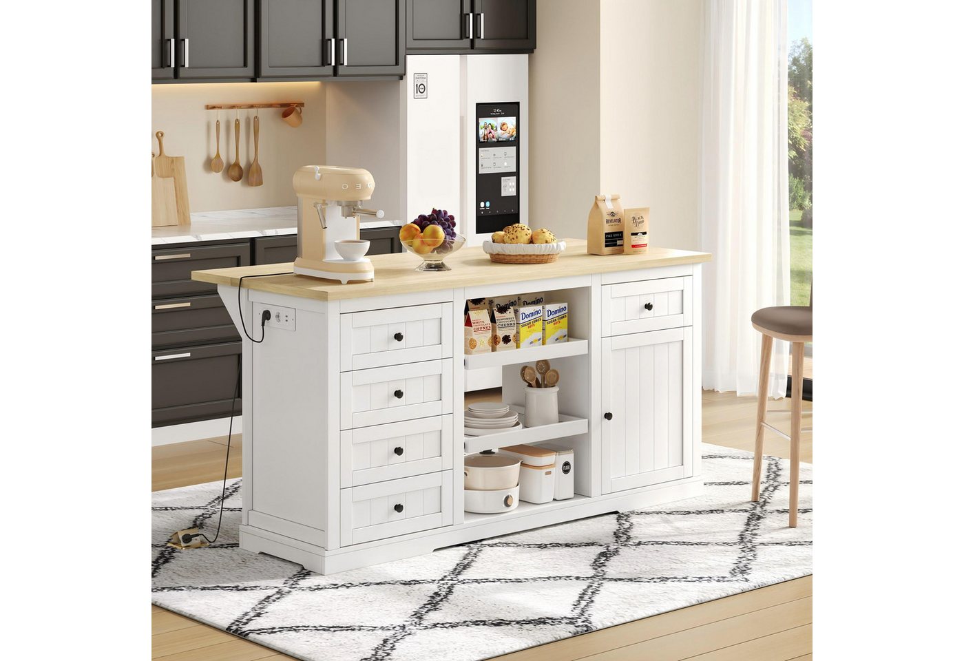 OKWISH Sideboard Küchenbuffet,Kommode (Buffet-Sideboard, Bar-Schrank & Kücheninsel – Mit Klappbarer Erweiterungsplatte, Steckdosen und USB-Ports., 150×65×75 cm), mit Schublade von OKWISH