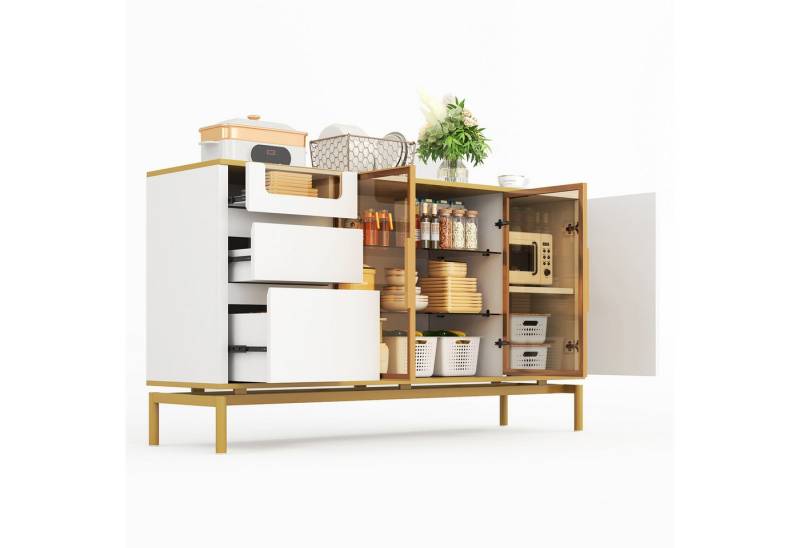 OKWISH Sideboard Küchenbuffet,Kommode (Elegantes Sideboard 150x40x80 cm – Weiß mit Marmoroptik und Goldakzenten,Stauraum mit Schubladen, verstellbaren Fächern und Glastüren., 150x40x80 cm), mit Glas- und Holzfächern von OKWISH