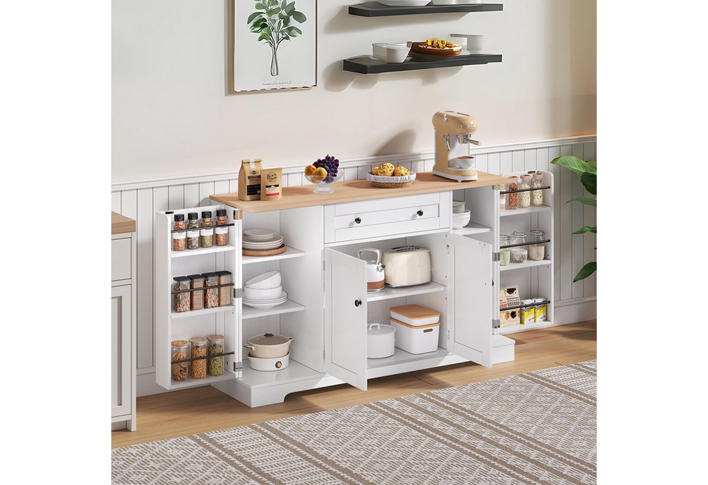 OKWISH Sideboard Küchenbuffet,Kommode (Multifunktionales Küchenbuffet 138 cm Sideboard mit Schublade, verstellbaren Einlegeböden, Kippschutz – Modernes Design für Küche, Wohnzimmer & Schlafzimmer, praktischer Stauraum), mit Kippschutz, mit Schublade von OKWISH