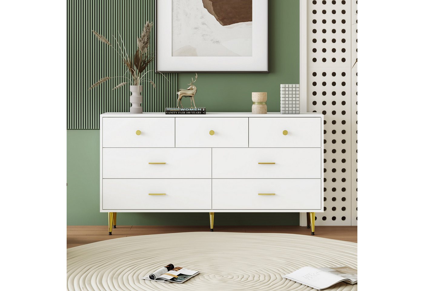 OKWISH Sideboard Küchenschrank Kommode (7 Schubladen,goldene Griffe, goldene Beine), latte Schubladenführungen, 140*35*76cm von OKWISH