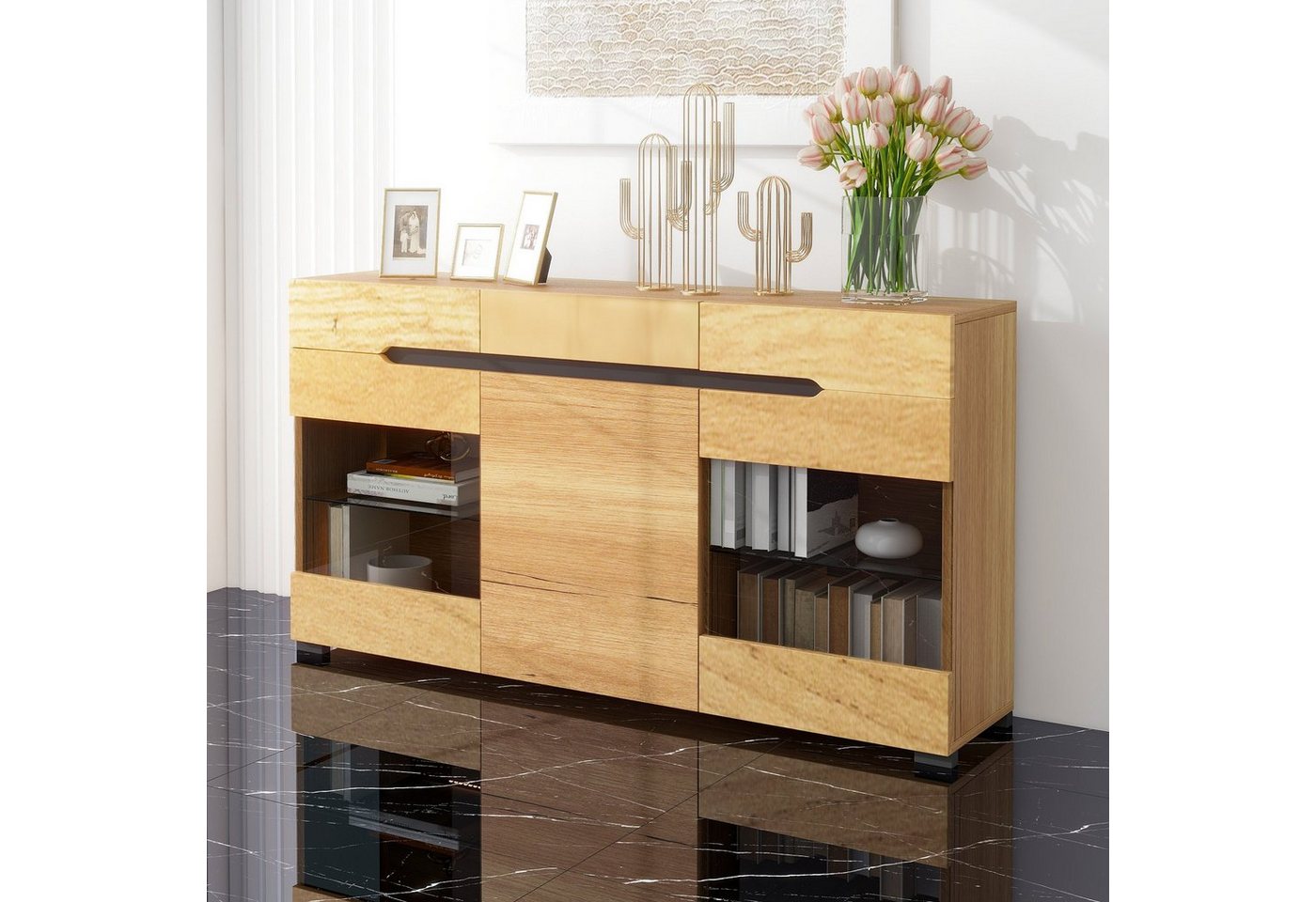 OKWISH Sideboard LED Sideboard Schrank Modern Wohnzimmer (mit viel Stauraum für Ihren Wohnbereich), Möbel 3 Türen 3 Schubladen Moderne Kommode von OKWISH