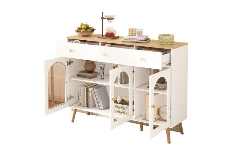 OKWISH Sideboard Mid-Century Buffet – Flexibles Stauraummöbel (Kommode, Anrichte, Wohnzimmerschrank, Küchenschränke, 1 St., mit 3 Schubladen und 3 gewölbten Türen), mit gehärtetem Glas, moderner Stil von OKWISH