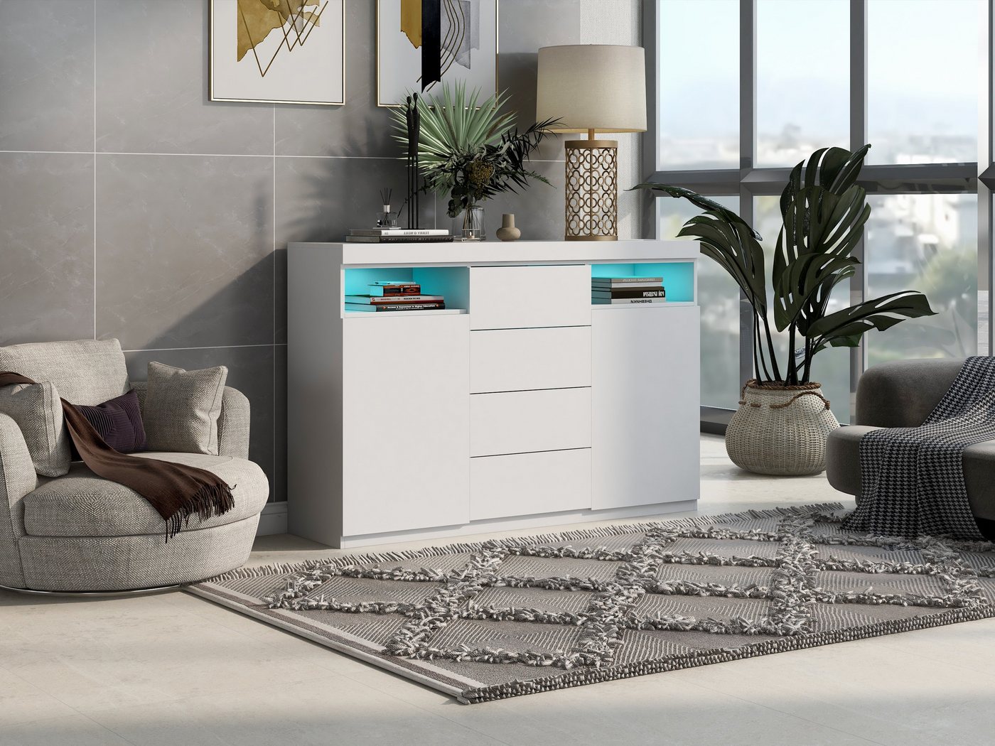 OKWISH Sideboard Moderne LED-Kommode, Küchenschrank, Highboard (Weiß 139*36,5*92cm Modernes Design &Verstile, Viel Stauraum & durchdachtes Design Einstellbares LED-System), Einfache Montage von OKWISH