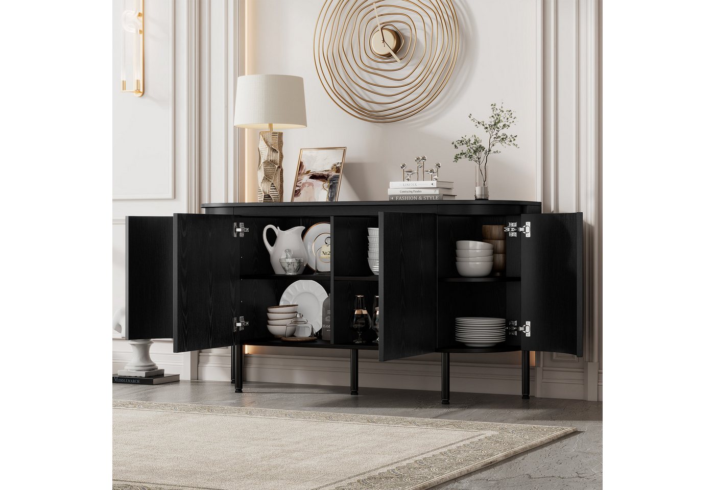 OKWISH Sideboard Moderner Bogenförmiger Anrichte (Modernes Bogenförmiges Sideboard mit Marmoroptik/natürlichem Holzgefüge-Tischplatte, höhenverstellbaren Regalen & Metallbeinen) von OKWISH