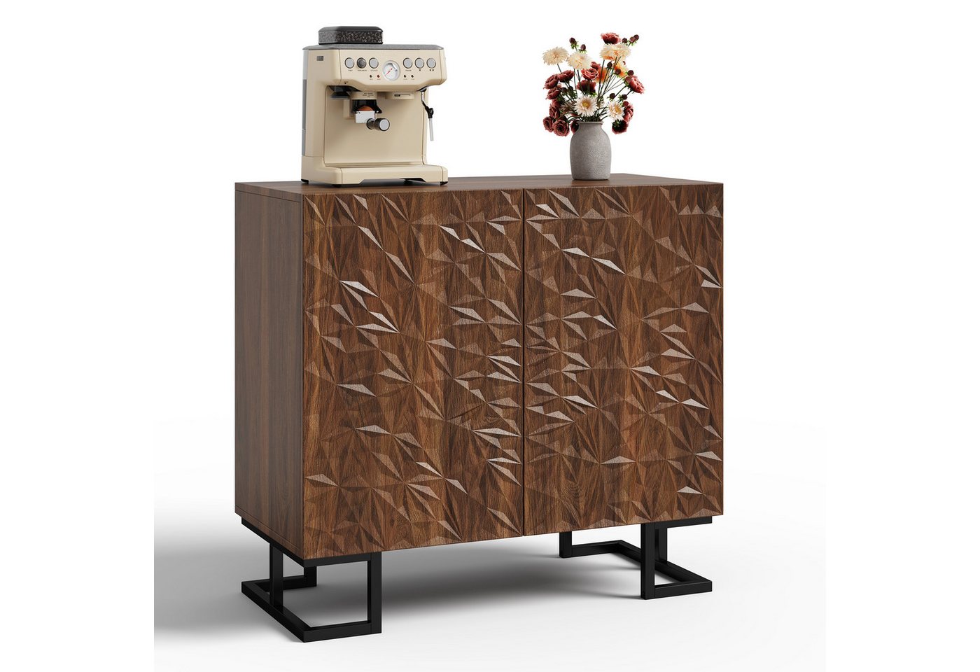 OKWISH Sideboard Modernes Küchenschrank, Anrichte (Sideboard Kommode 80x40x78 cm – "Blattpoesie" Dunkle Walnussoptik mit Blattrelief, Push-to-Open Türen) von OKWISH