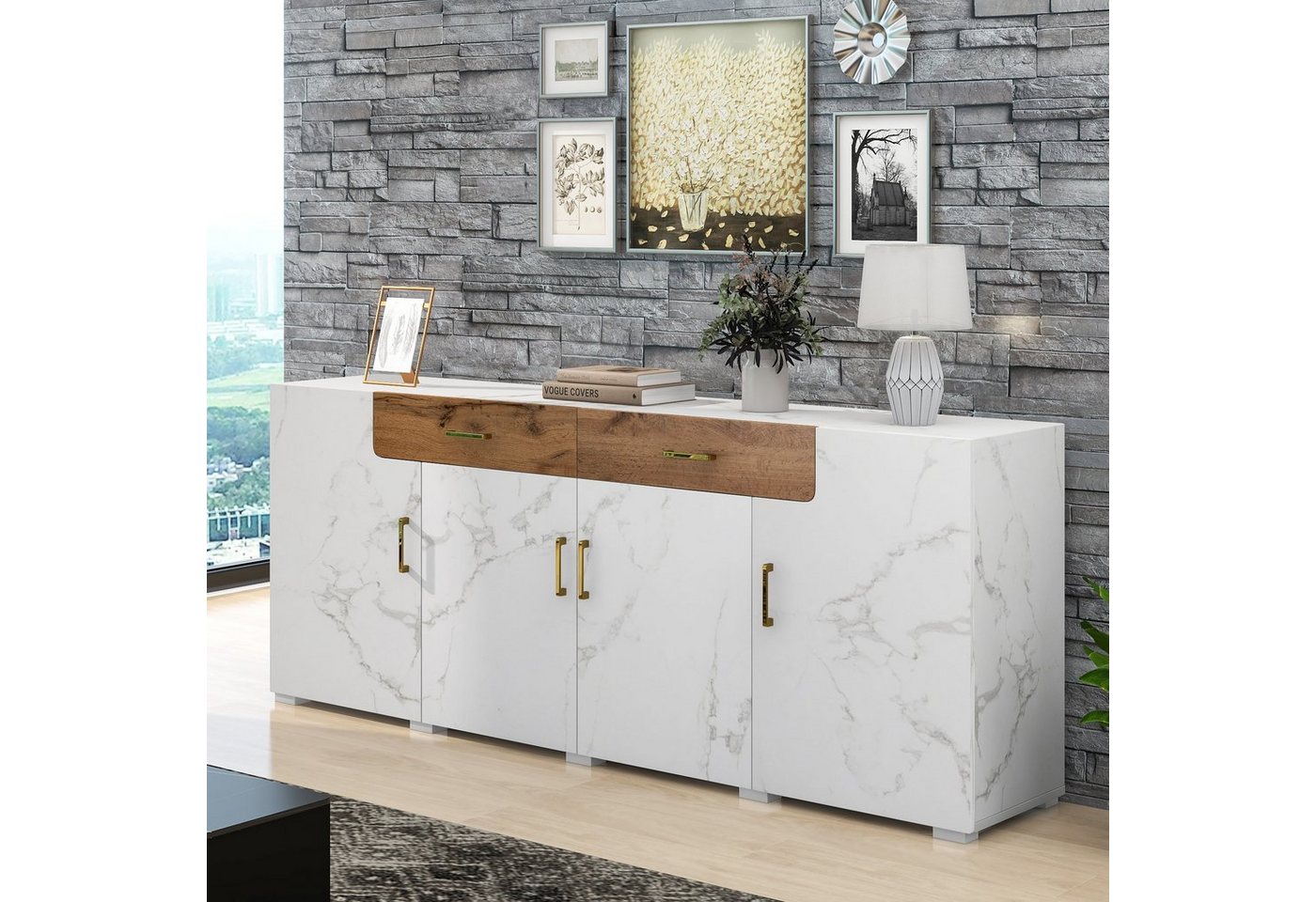 OKWISH Sideboard Modernes Sideboard (Aufbewahrungsschrank), 2 Schubkästen, Kommode mit 4 Türen von OKWISH