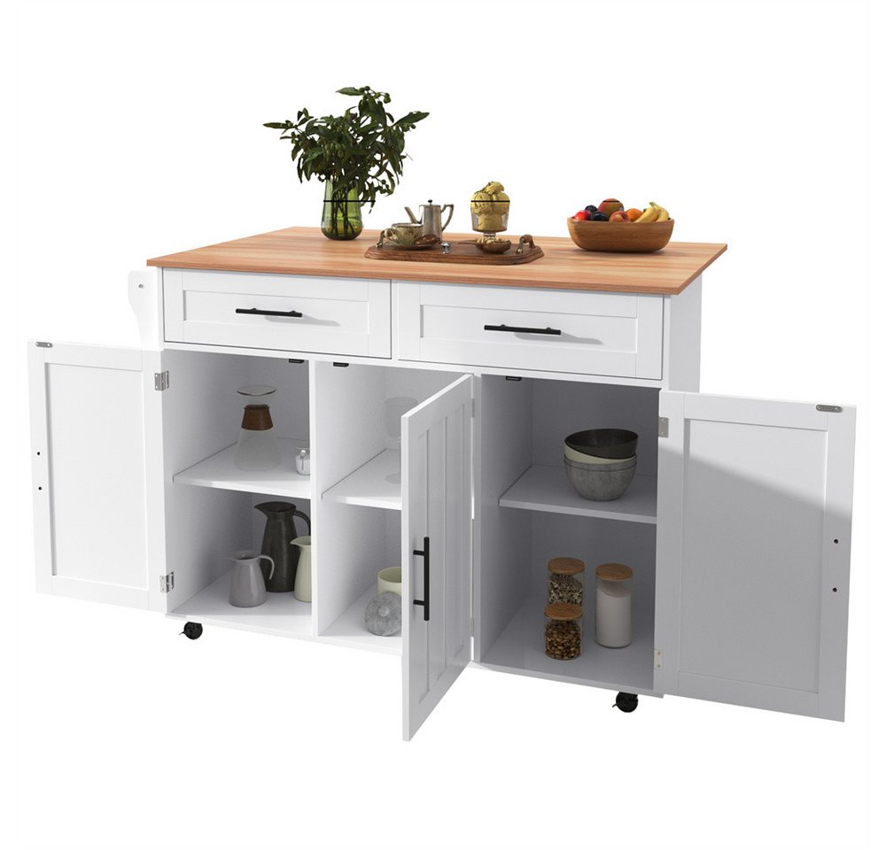 OKWISH Sideboard Multifunktionale Kücheninsel,Küchenregal (Küchenwagen mit Rollen & Klapptisch, höhenverstellbare Regale, Besteckschubladen., 1 St., 5 Räder, 3 Tür), mit Ausziehbare Arbeitsplatte,Massivholzbeine umschaltbar von OKWISH