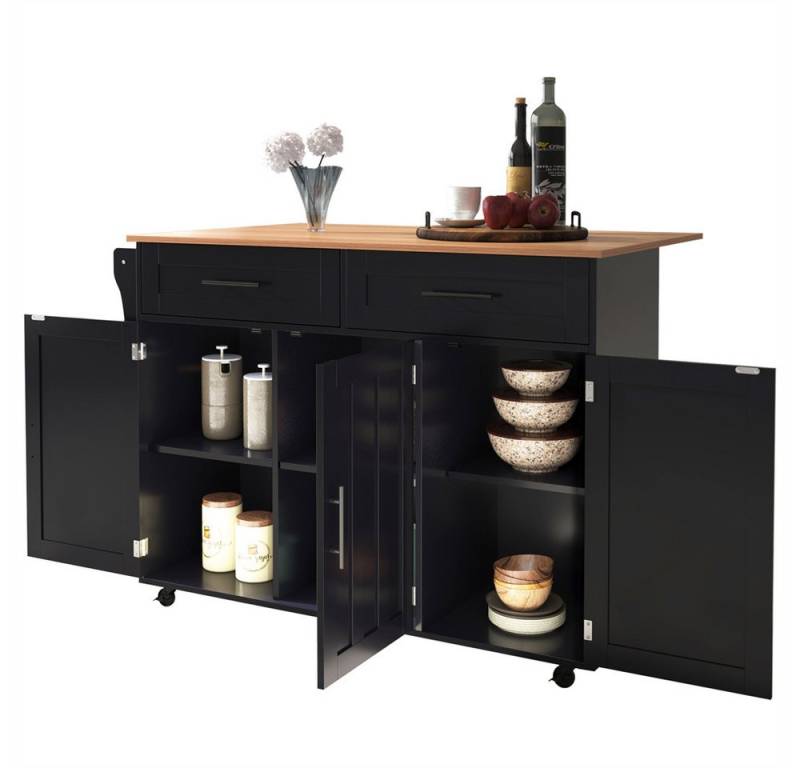 OKWISH Sideboard Multifunktionale Kücheninsel,Küchenregal (Küchenwagen mit Rollen & Klapptisch, höhenverstellbare Regale, Besteckschubladen., 1 St., 5 Räder, 3 Tür), mit Ausziehbare Arbeitsplatte,Massivholzbeine umschaltbar von OKWISH