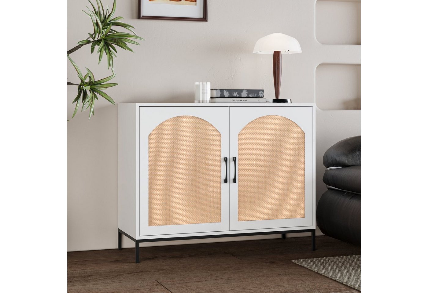 OKWISH Sideboard Rattan Aufbewahrungsschrank (mit zwei Türen Metallgriffen Metallrahmenbeinen) von OKWISH