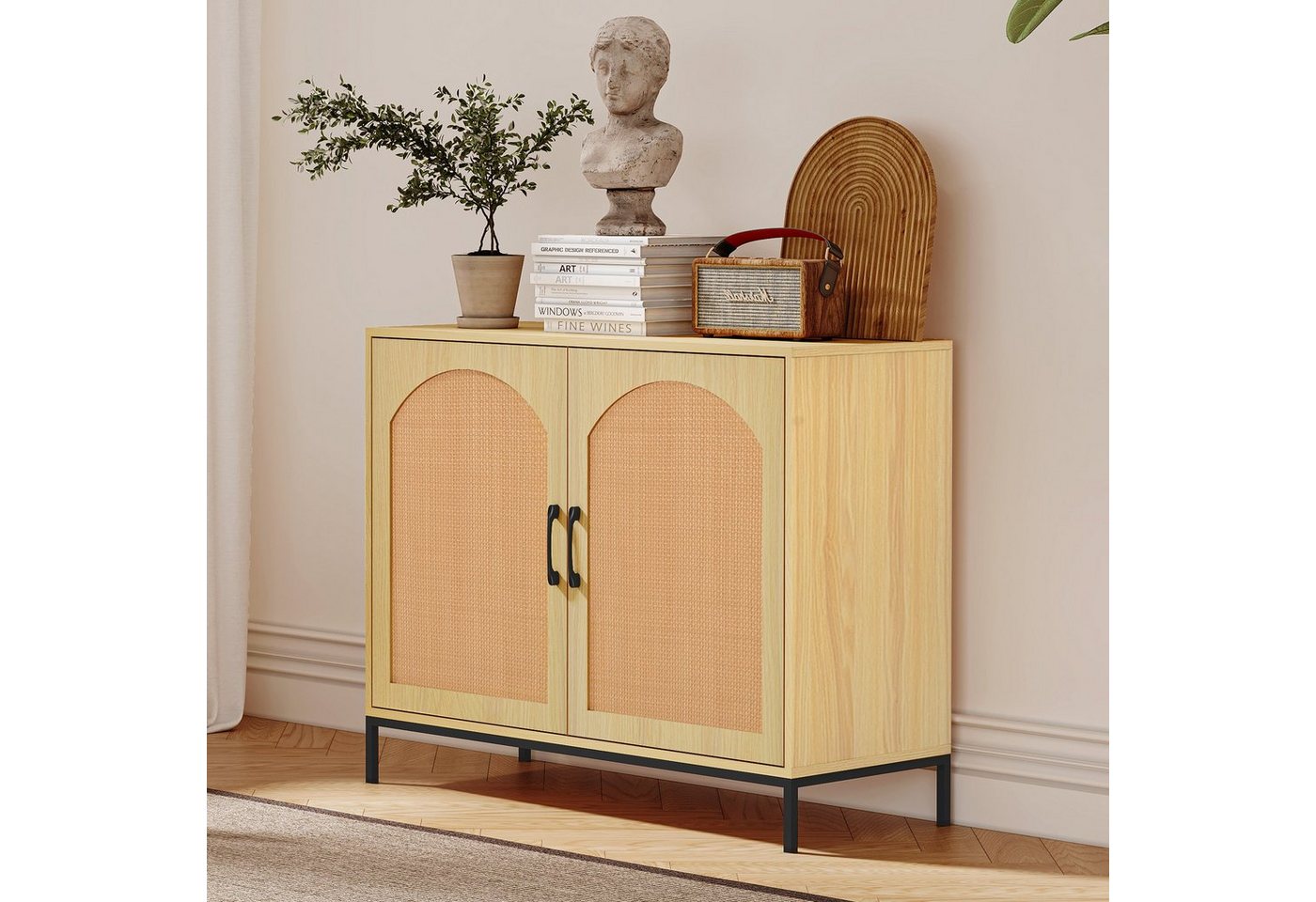 OKWISH Sideboard Rattan Aufbewahrungsschrank (mit zwei Türen Metallgriffen Metallrahmenbeinen) von OKWISH