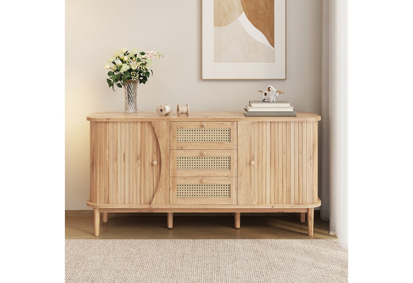OKWISH Sideboard Rattankommode (Wohnzimmerschrank, 1 St., abgerundeter Platte), verstellbaren Einlegeböden von OKWISH