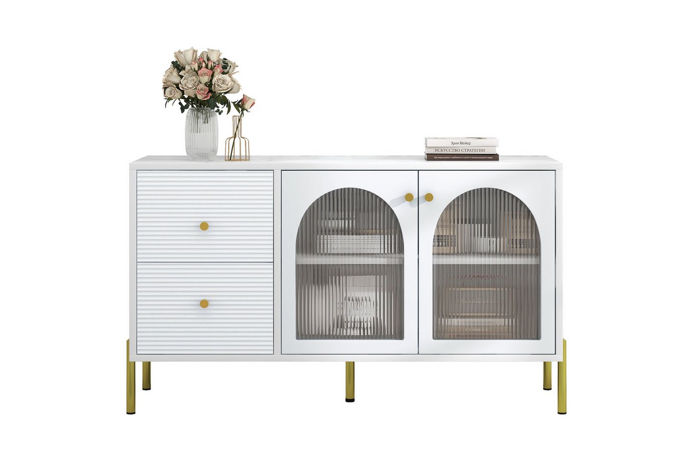 OKWISH Sideboard Schrank mit 2 Türen und 2 Schubladen, 120 cm langes weiß-goldenes Sideboard, Anrichte mit Glas von OKWISH