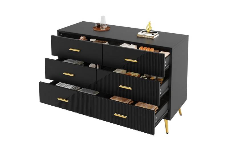 OKWISH Sideboard Schubladenkommode,Esszimmerschrank (Schubladenkommode 120x40x75 cm – Modernes Sideboard mit 6 geräumigen Schubladen, elegantes 3D-Türdesign & goldenen Beinen), 6 geräumige Schubladen von OKWISH