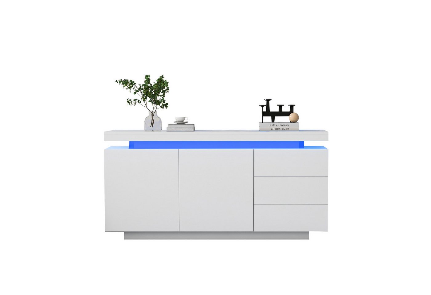 OKWISH Sideboard Schubladenkommode (Hochglanz mit LED inkl. Fernbedienung, Schubkastenkommode, Kommode aus Holz mit 4 Fächern und 3 Schubladen), Beistellschrank, Breite 140cm von OKWISH