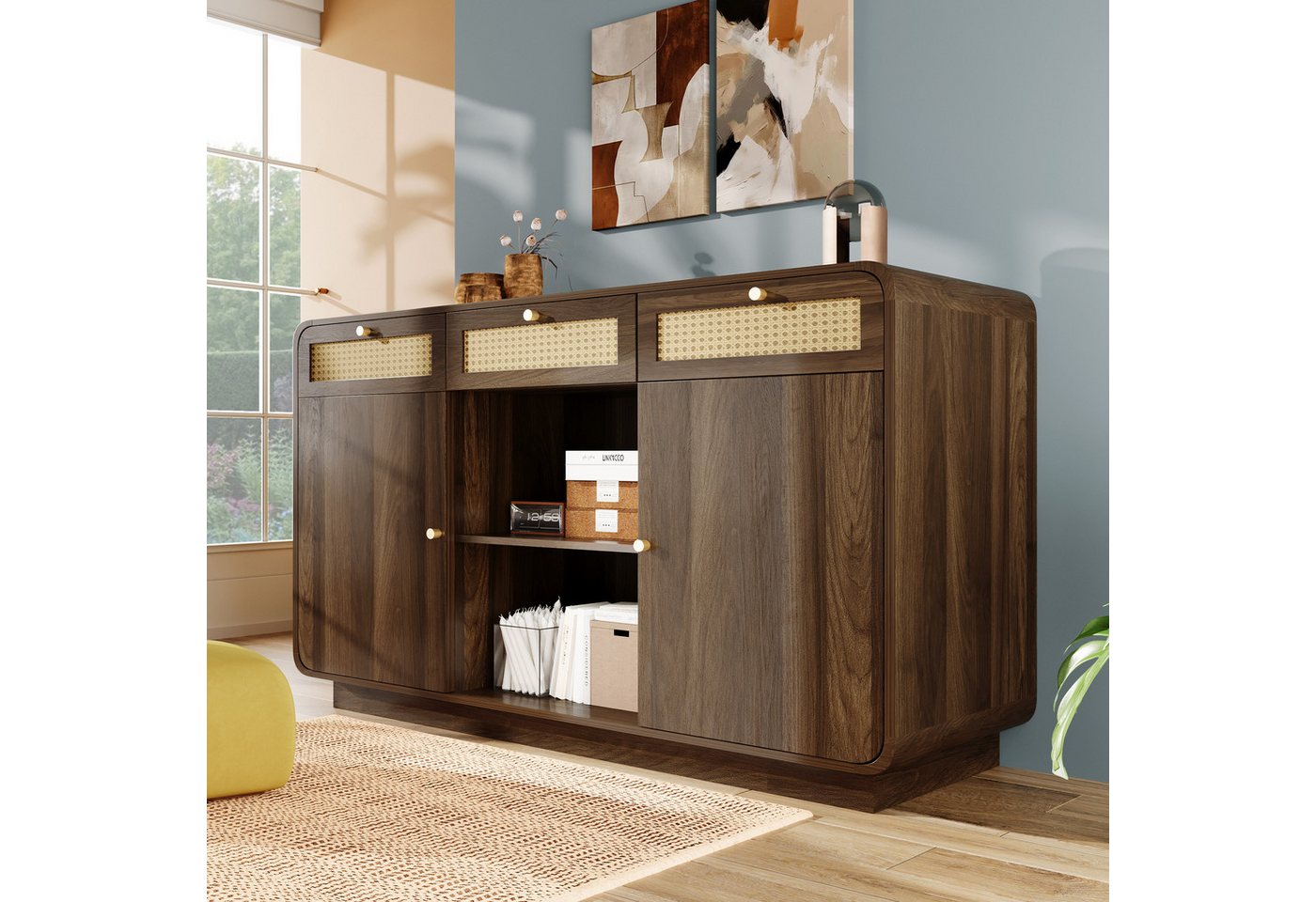 OKWISH Sideboard Schubladenschrank, 120cm (Kommode, Buffetschrank, 1 St., 3 Schubladen + 2 Schränke + offenes Regal), mit Rattan, Goldgriffen, höhenverstellbare Einlegeböden von OKWISH