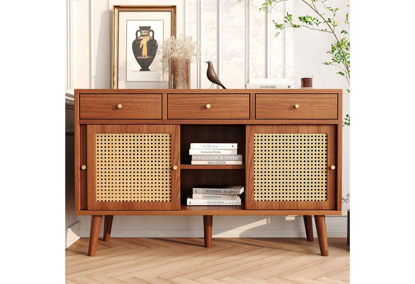 OKWISH Sideboard Sideboard mit verstellbaren Einlegböden, Kommode mit 3 Schubladen und 3 Schwebetüren von OKWISH