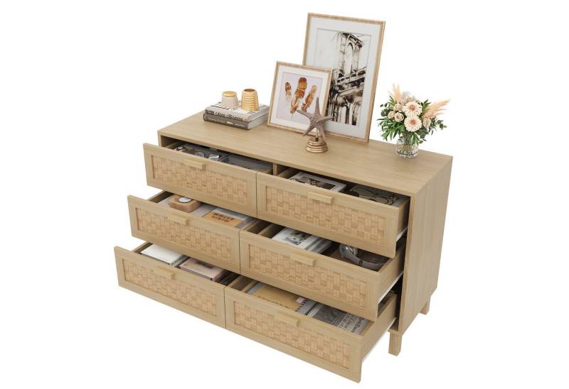 OKWISH Sideboard aus Naturholz (Kommode, Anrichte, Buffetschrank, 1 St., mit sechs Schubladen), in Rattanoptik von OKWISH