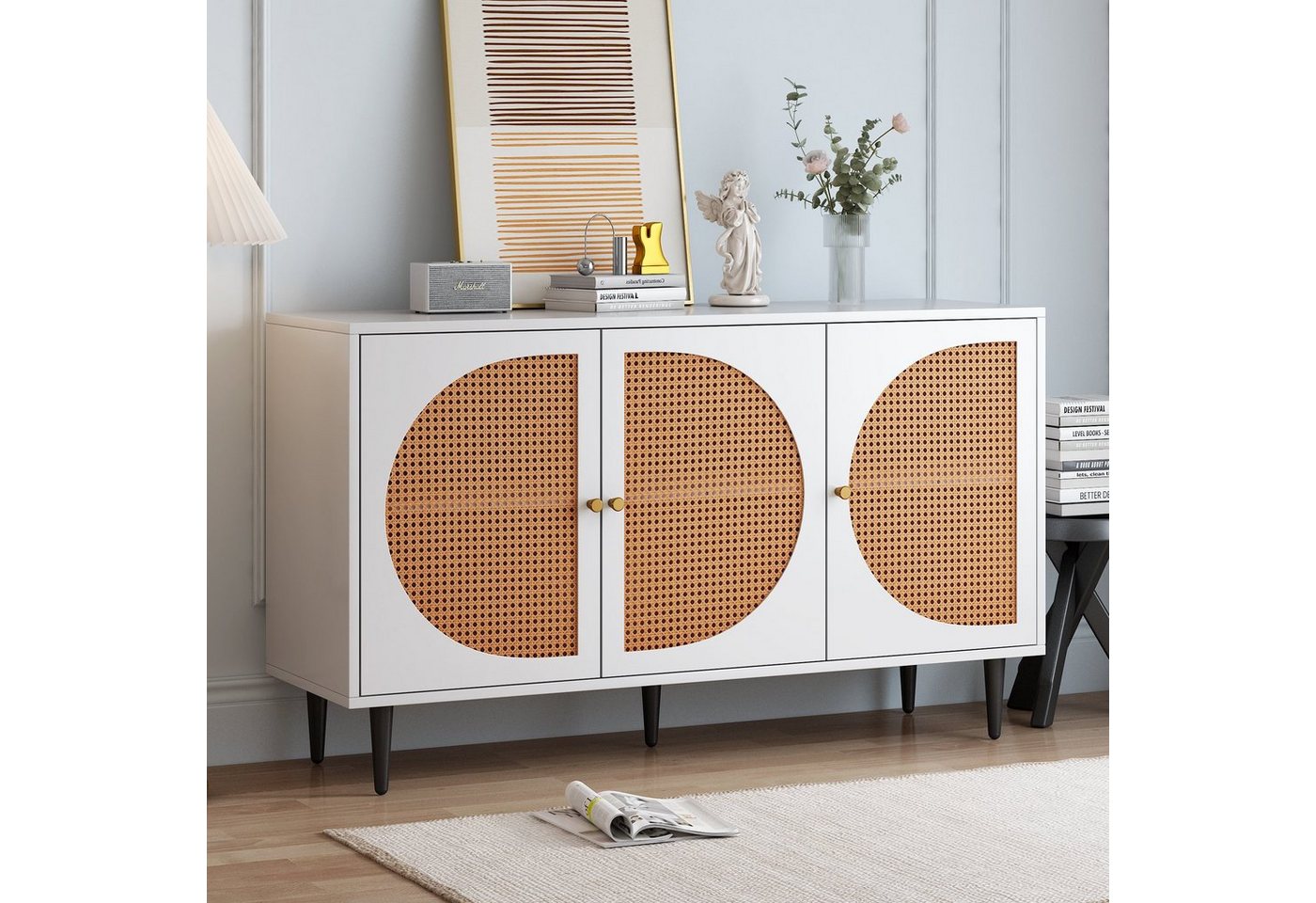 OKWISH Sideboard im Vintage-Stil mit 6 Fächern (Kommode mit 3 Rattan-Türen und Metallbeine, Breite 130cm, im Vintage-Stil mit 6 Fächern) von OKWISH