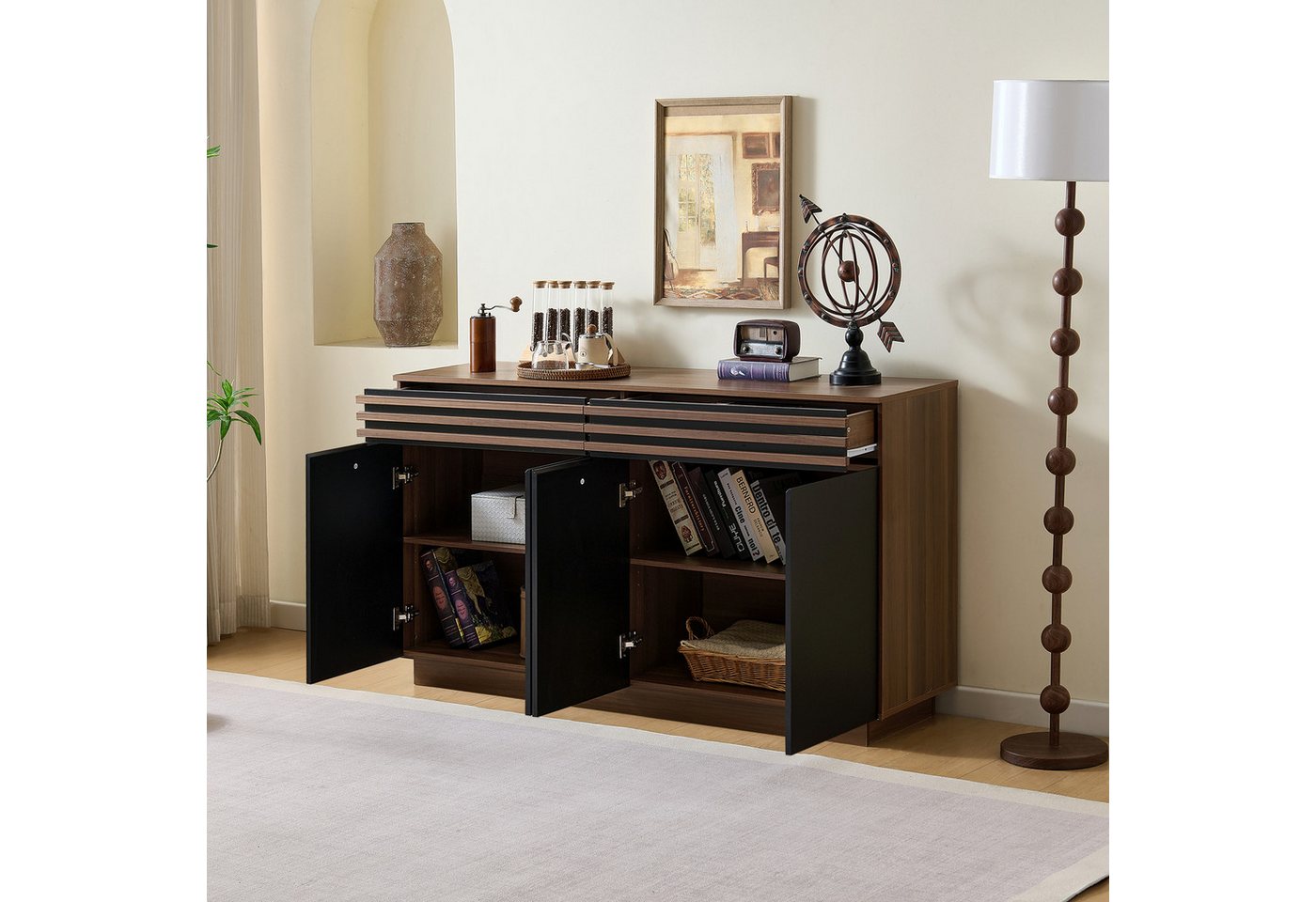 OKWISH Sideboard in brauner Holzoptik (Kommode, Anrichte, Wohnzimmerschrank, 1 St., 2 Schubladen, 4 Türen), Höhenverstellbare Trennwände von OKWISH