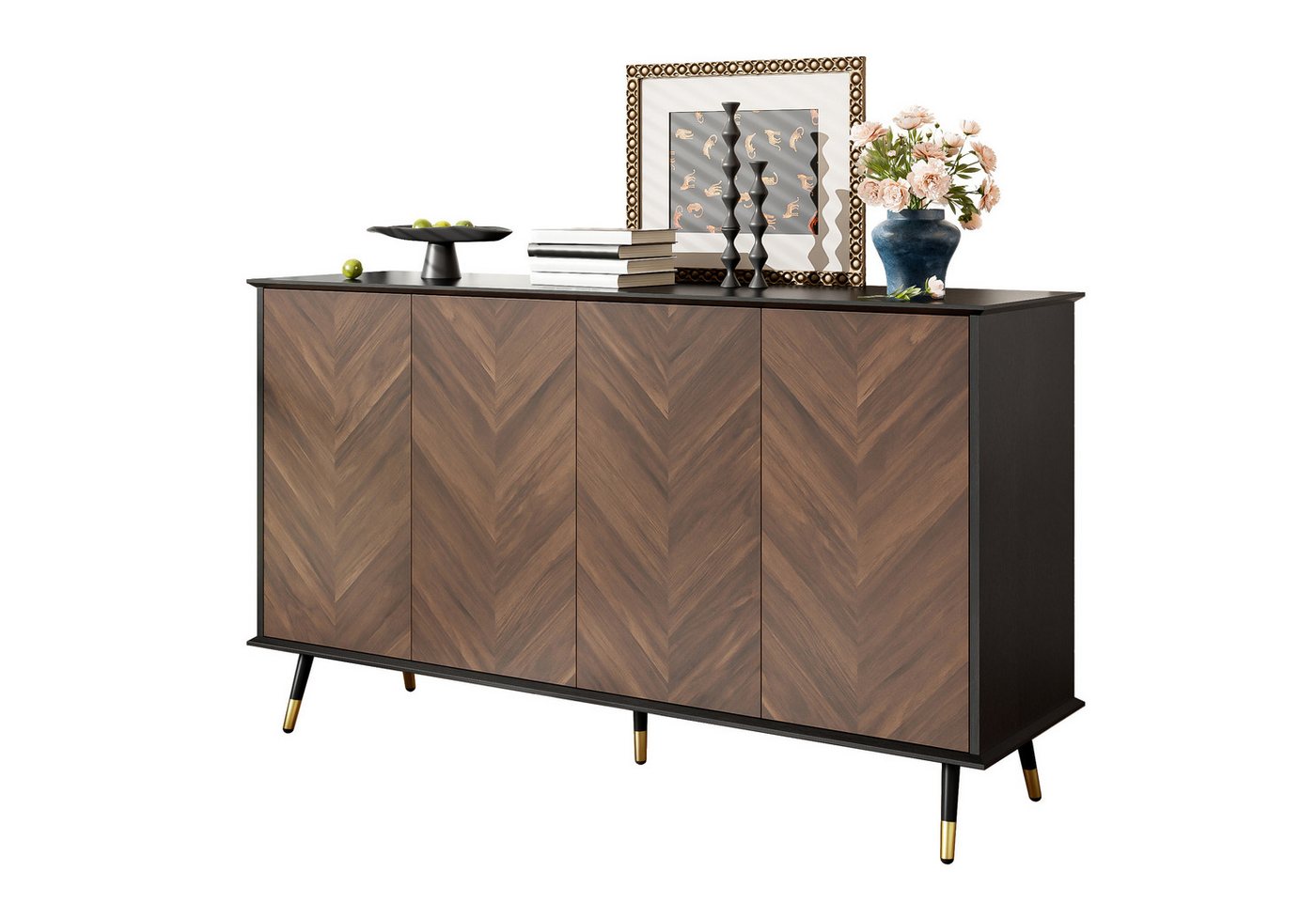 OKWISH Sideboard mit Fischgrätmuster (Holzanrichte, Organizer, 1 St., 4 Türen, höhenverstellbaren Regalen), MDF Holz, Metallfüße von OKWISH