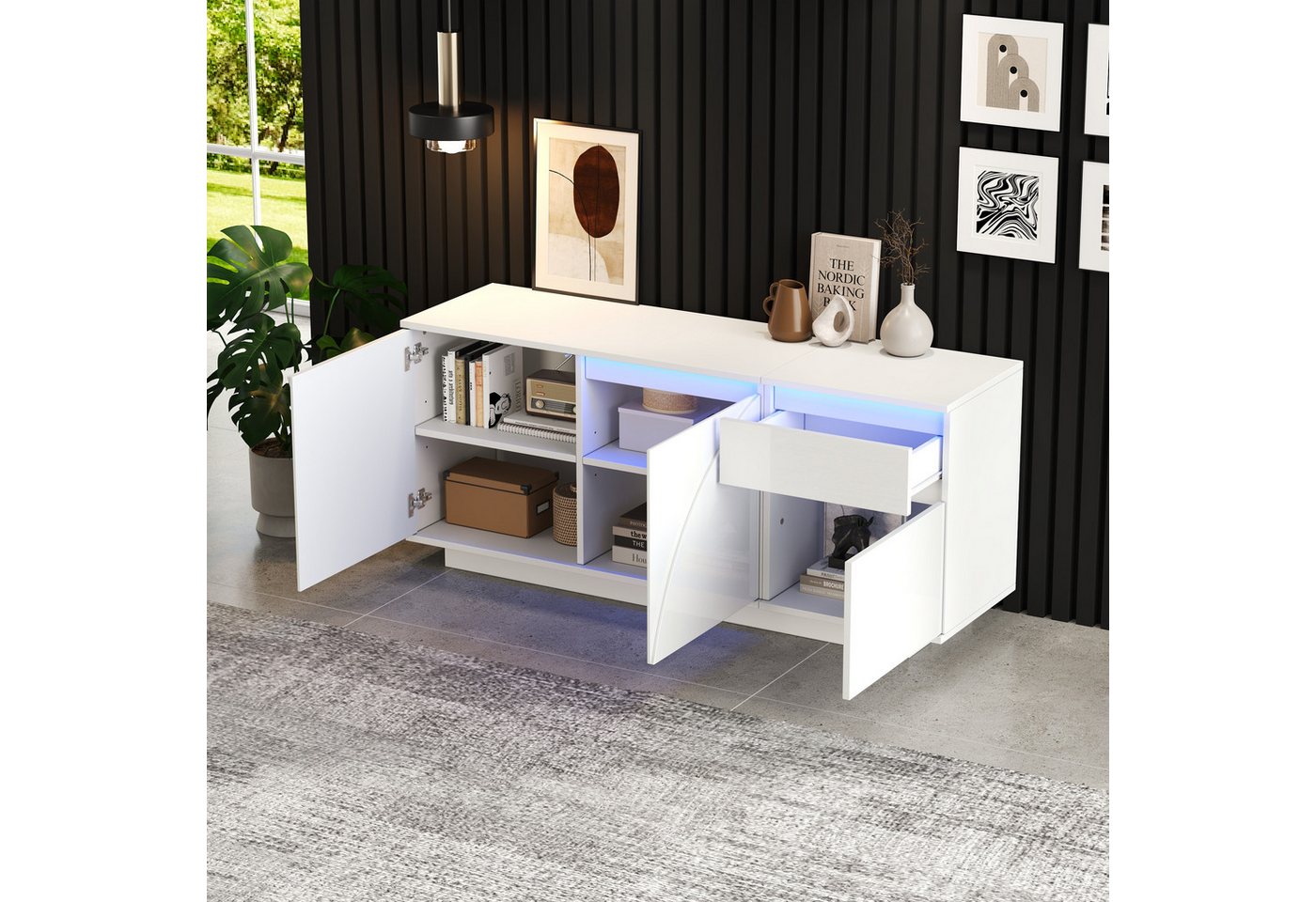 OKWISH Sideboard mit LED (Kommode, Anrichte, Buffetschrank, 1 St., 3 Schränken, 1 Schublade), Hochglanz-Kommode mit verstellbaren Einlegeböden von OKWISH