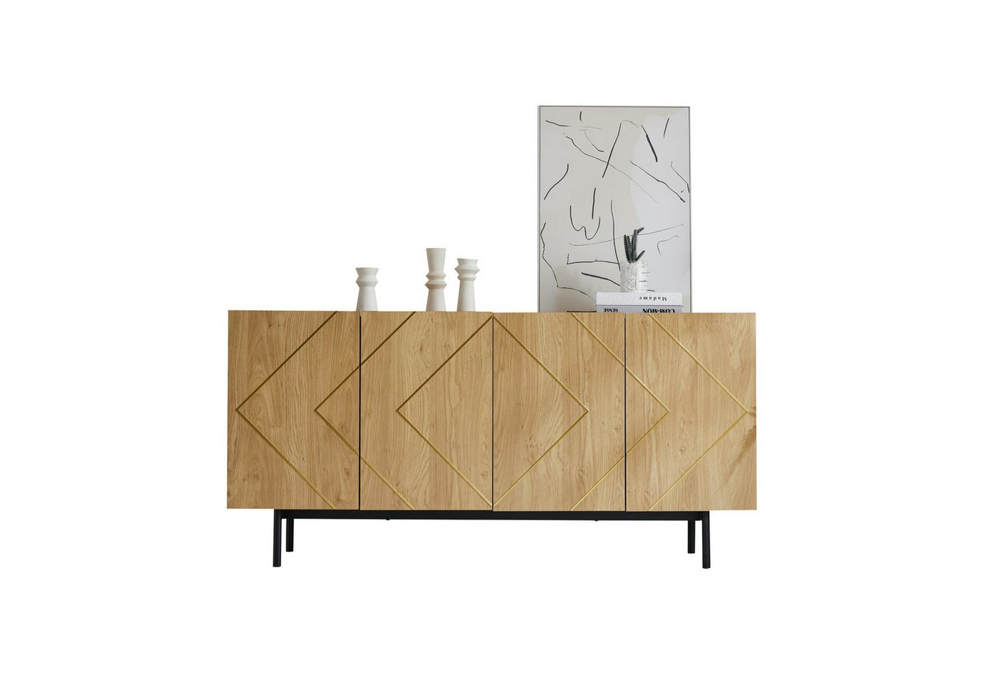 OKWISH Sideboard mit griffloses Design (Buffet, Schrank, 1 St., mit 4 Türen und Metall-Inlay), mit verstellbare Regale,Ideal für Wohnzimmer und Esszimmer von OKWISH