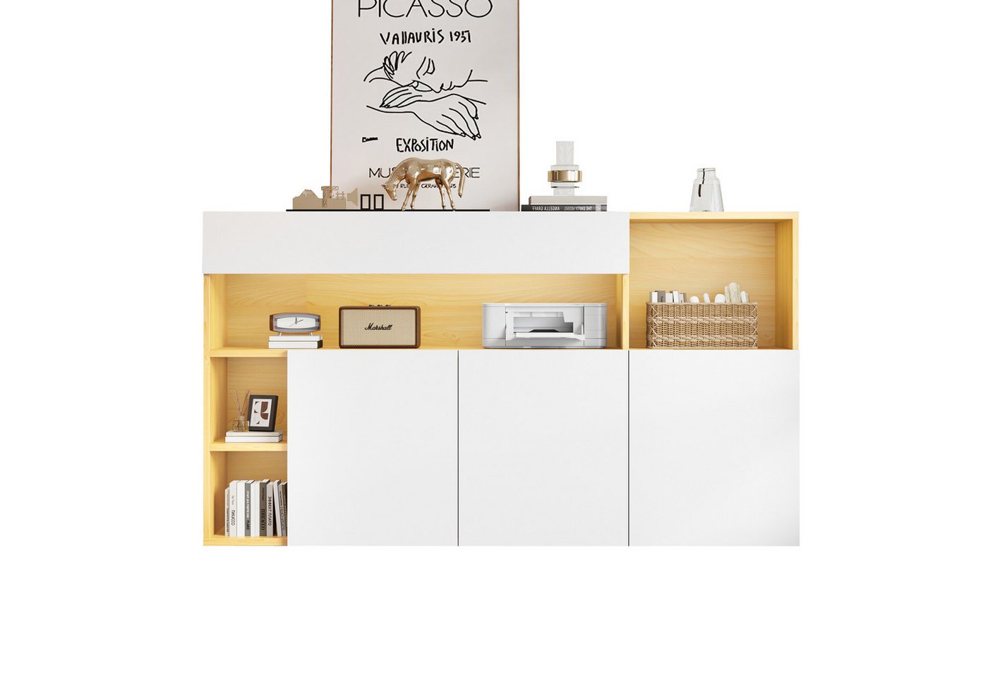 OKWISH Sideboard mit großer und flexibler Stauraum (Kommode, Anrichte, Wohnzimmerschrank, Highboard, 1 St., 4 offenen Ablageflächen, 2 Schränken), mit Intelligentes RGB-LED-System von OKWISH