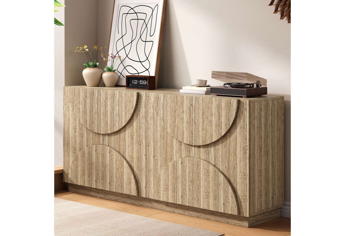 OKWISH Sideboard mit natürliche Holzmaserung (Kommode, Buffetschrank, 1 St., mit Regalen, 160 × 40 × 80 cm), Türverkleidungen mit symmetrische Bogenform von OKWISH