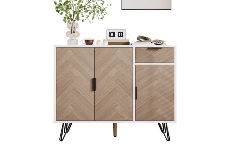OKWISH Sideboard mit vielseitiger Stauraum (Kommode, Anrichte, Wohnzimmerschrank, Highboard, Aufbewahrungsschrank, 1 St., 3 Türen, 2 Schubladen), in Schwarz und Holzoptik, mit höhenverstellbaren Einlegeböden von OKWISH