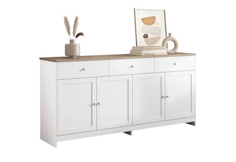 OKWISH Sideboard mit weißer Holzmaserung (Kommode Aufbewahrungsschrank, 1 St., mit drei Schubladen und vier Klappen), im Landhausstil von OKWISH