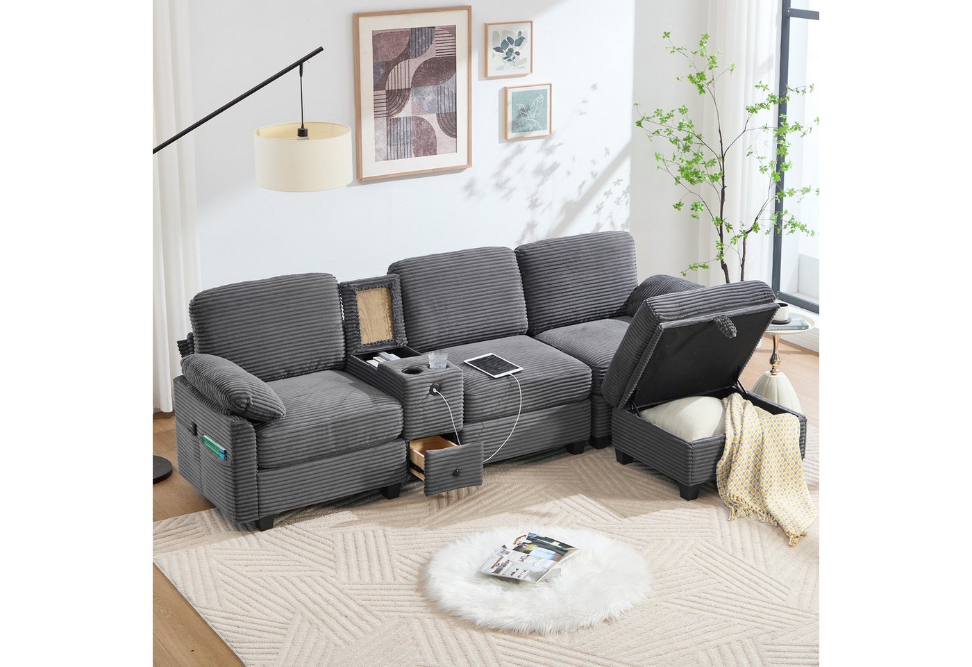 OKWISH Sofa Cord-Loungesofa mit abnehmbarer Mittelkonsole, USB-C-Anschluss und Stauraum, 2 Getränkehalter, Seitentasche, Stauschublade und beweglicher Ottoman von OKWISH