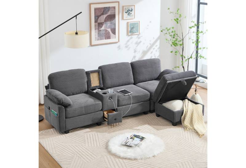 OKWISH Sofa Cord-Loungesofa mit abnehmbarer Mittelkonsole, USB-C-Anschluss und Stauraum, 2 Getränkehalter, Seitentasche, Stauschublade und beweglicher Ottoman von OKWISH