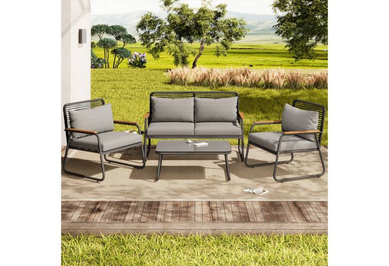 OKWISH Sofa Gartenmöbelset,mit verzinktem Eisengestell, Elegantes Gartenmöbel-Set für 4 Personen – Doppelsofa, Einzelsofas & Couchtisch mit verstellbaren Beinen., mit Relaxfunktion von OKWISH