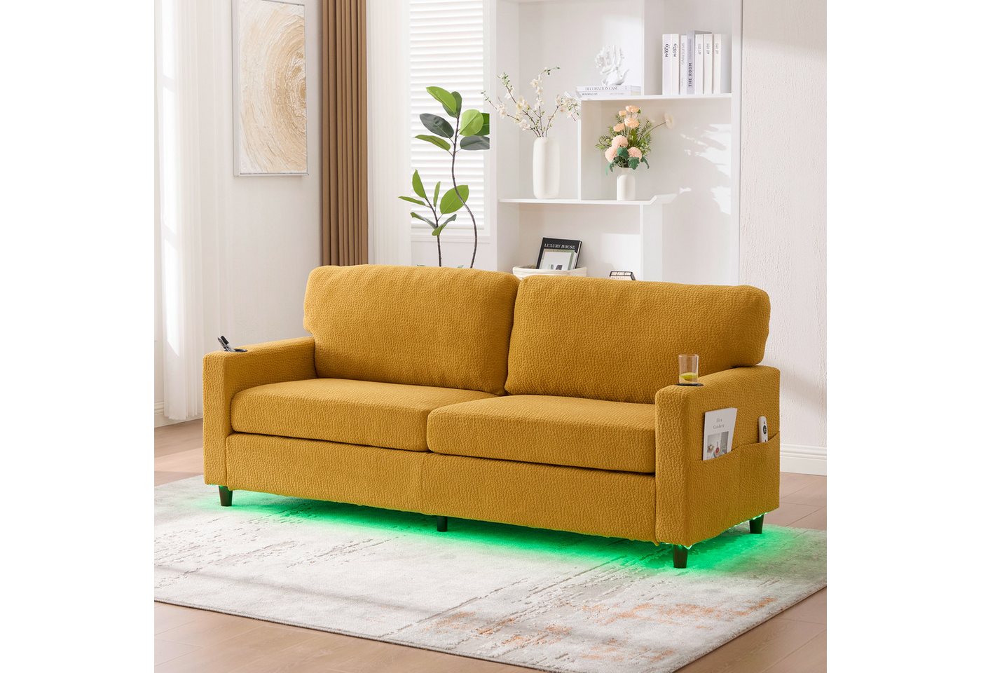 OKWISH Sofa Loungesofa Kindersofa, 2-Sitzer-Sofa aus Chenille mit LED-Ambientebeleuchtung, USB-C-Anschluss, Getränkehaltern und Seitentaschen von OKWISH