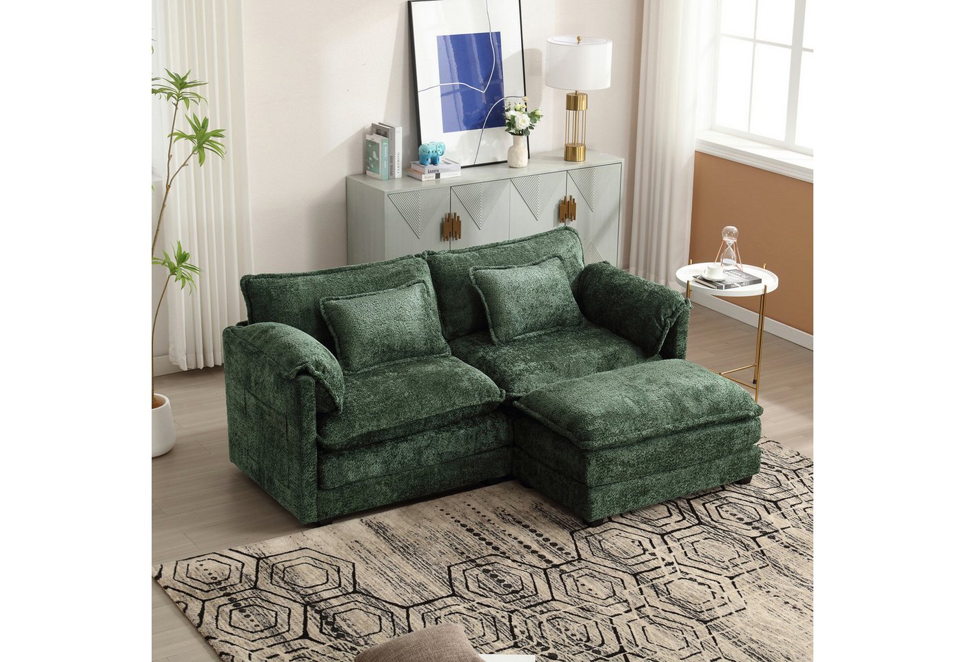 OKWISH Sofa Modernes 2-Sitzer-Loungesofa mit Chenille-Stoff & Fußstütze,Kindersofa, ideal für Wohnzimmer & Schlafzimmer, inklusive seitlicher Aufbewahrung und Kissen, ideal für Wohnzimmer & Schlafzimmer von OKWISH