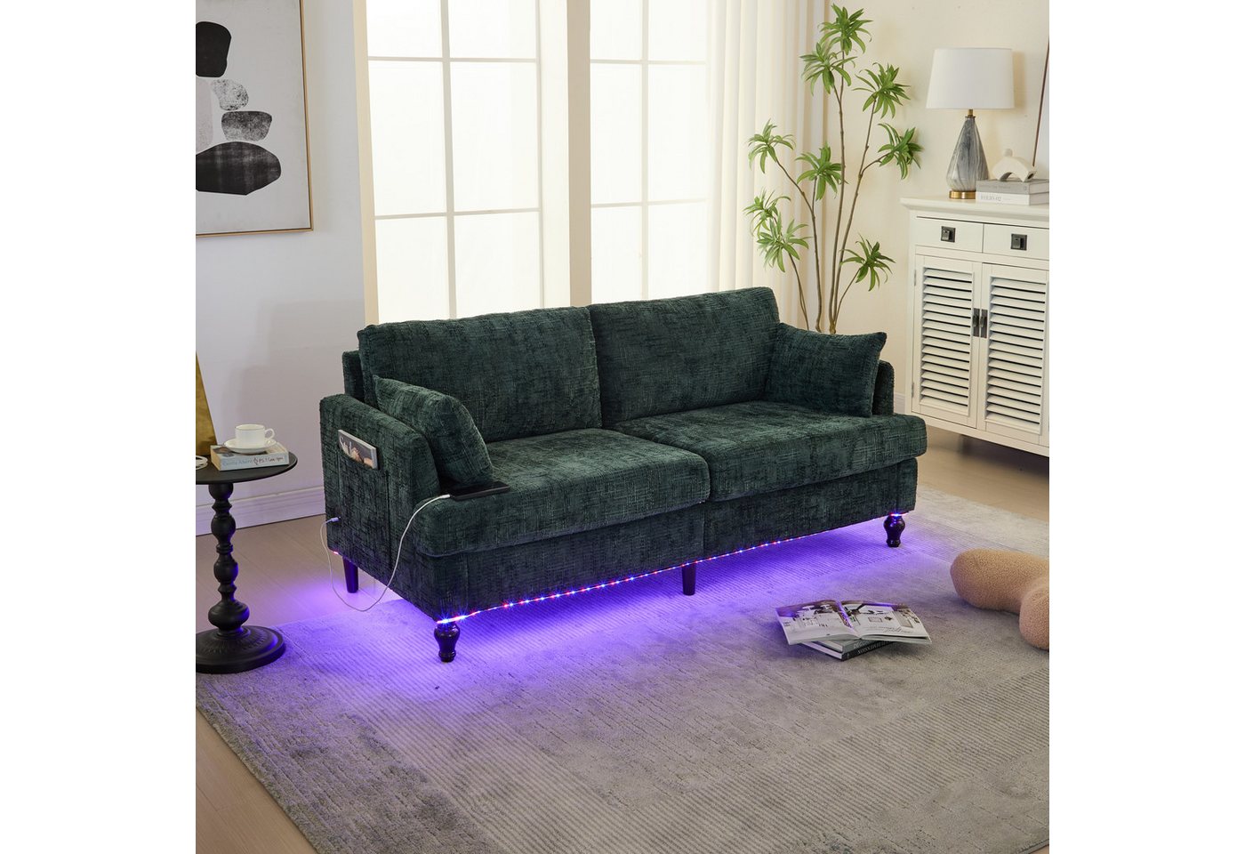 OKWISH Sofa Schlafsofa Loungesofa, 2-Sitzer Chenille-Wohnzimmersofa mit USB-Anschluss & LED, moderne Couch mit Stauraum, für Wohnzimmer, Schlafzimmer & Büro von OKWISH