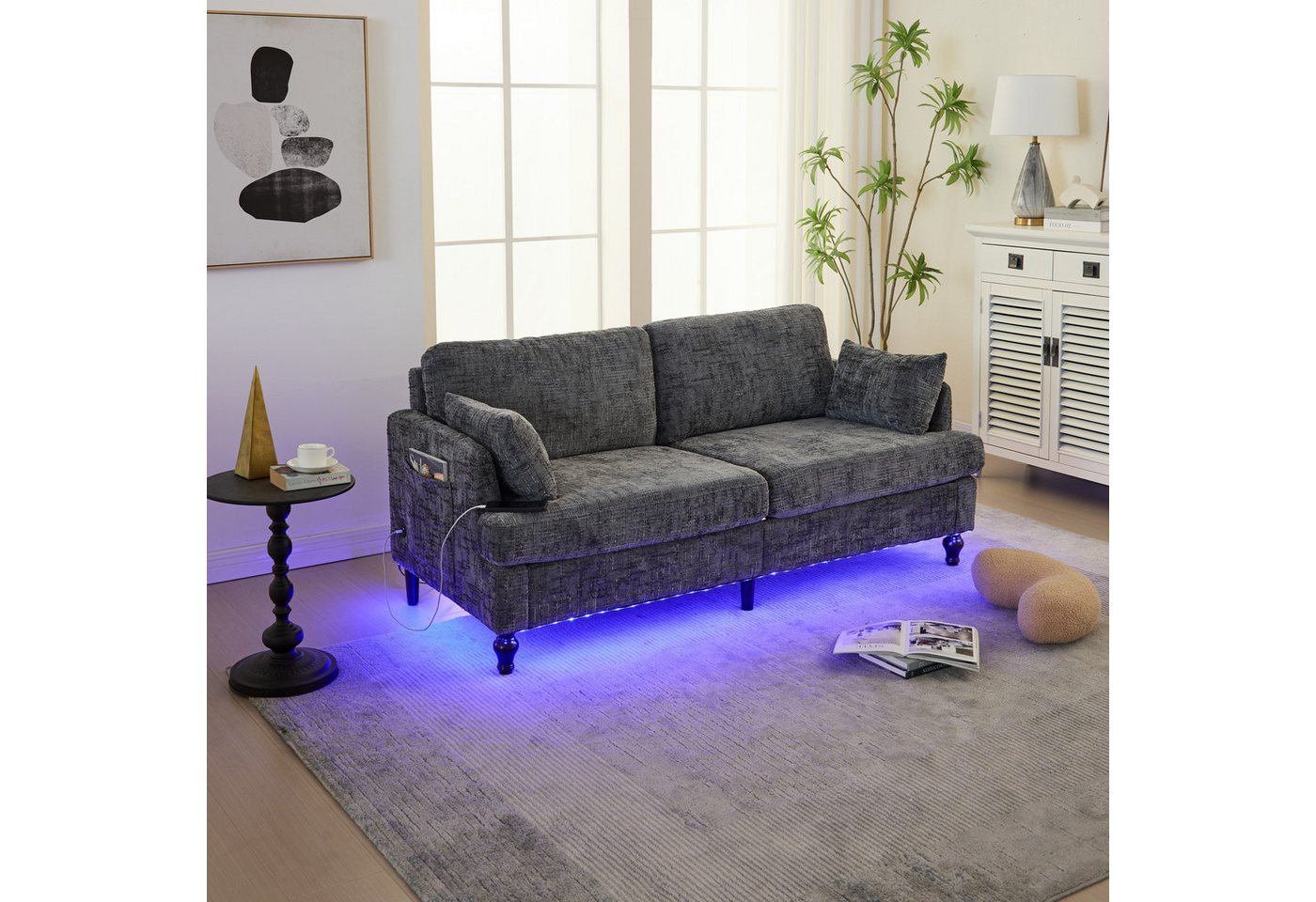 OKWISH Sofa Schlafsofa Loungesofa, 2-Sitzer Chenille-Wohnzimmersofa mit USB-Anschluss & LED, moderne Couch mit Stauraum, für Wohnzimmer, Schlafzimmer & Büro von OKWISH