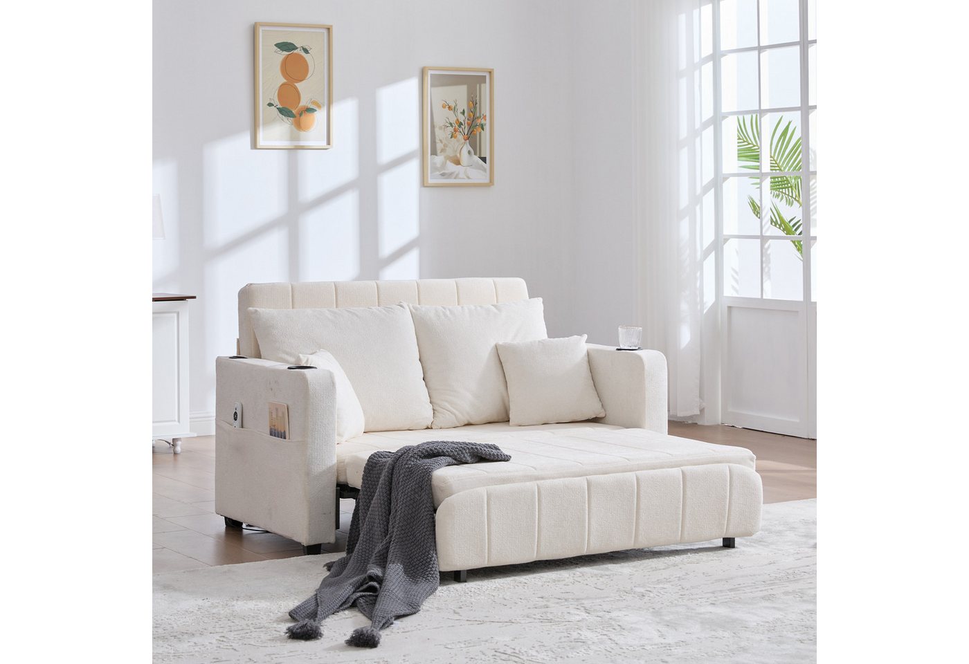 OKWISH Sofa Schlafsofa Loungesofa, mit USB-Ladefunktion und Aufbewahrungstasche – Kompakt, abnehmbar und waschbar, inklusive Kissen und Becherhalter, bis 280 kg belastbar, für Wohnzimmer und kleine Apartments von OKWISH